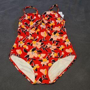 Red and Orange Floral One Piece Swimsuit with Sweetheart Neckline